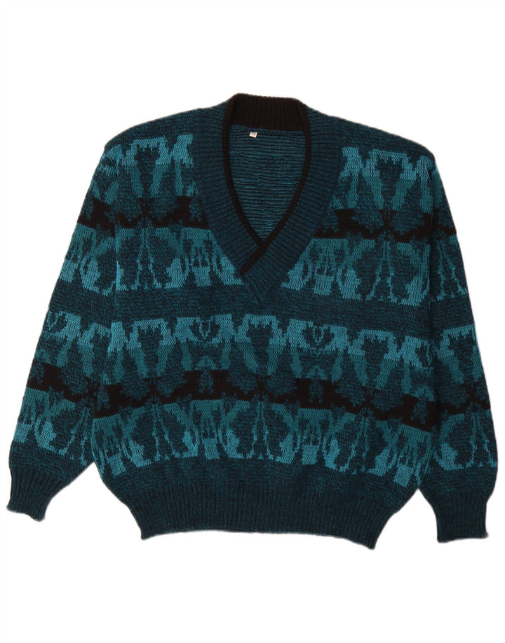 Suéter masculino vintage com decote em V IT 50 Médio Azul Fair Isle