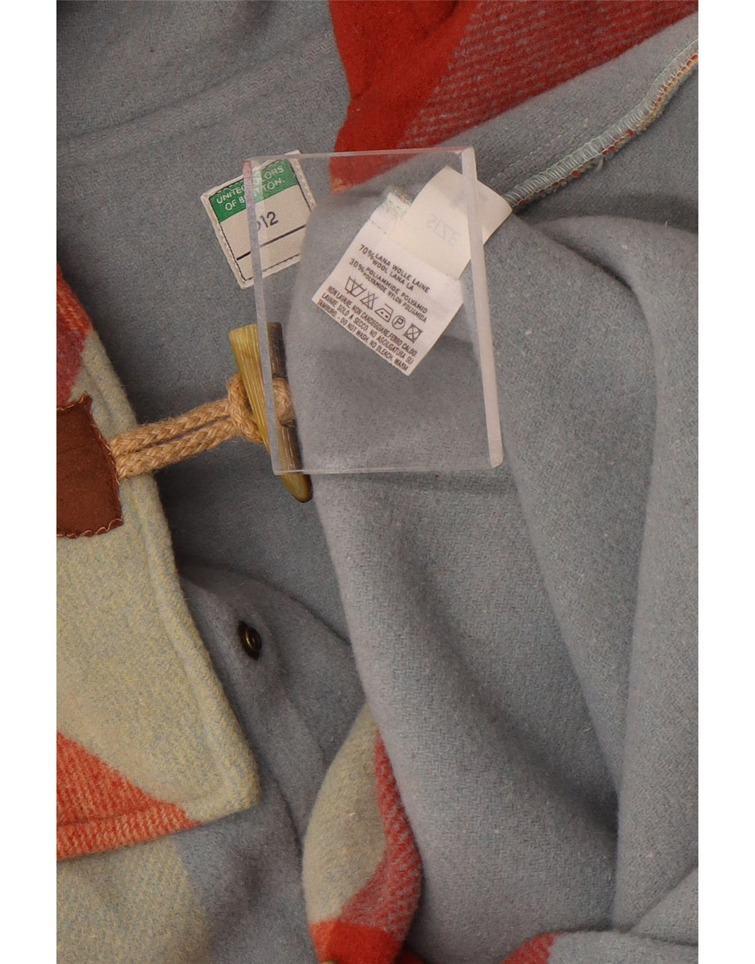 Casaco feminino com capuz Benetton UK 16 grande lã xadrez multicolorida