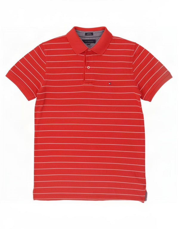Camisa polo masculina Tommy Hilfiger Custom Fit média listrada vermelha de algodão