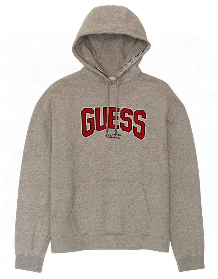Suéter com capuz gráfico Guess masculino algodão cinza médio