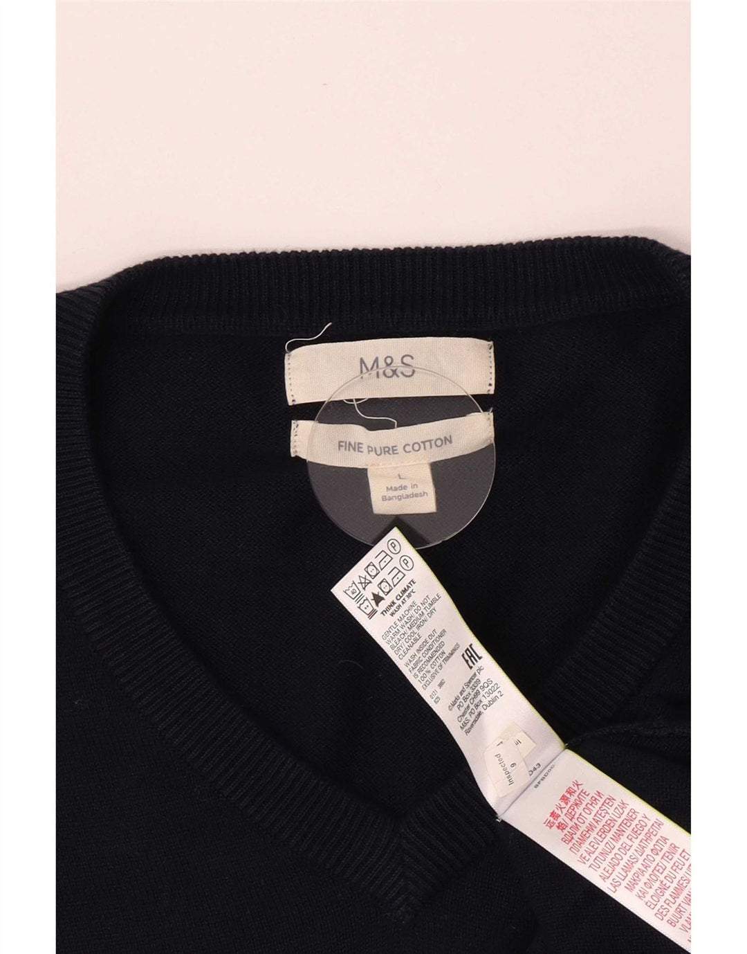 Suéter masculino Marks & Spencer com decote em V grande algodão azul marinho