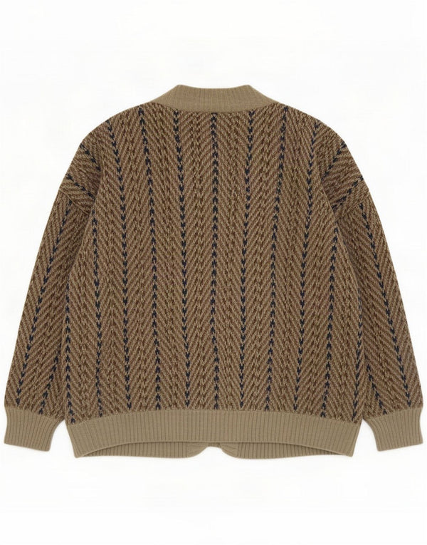 Suéter cardigã masculino solto vintage médio cáqui chevron lã merino