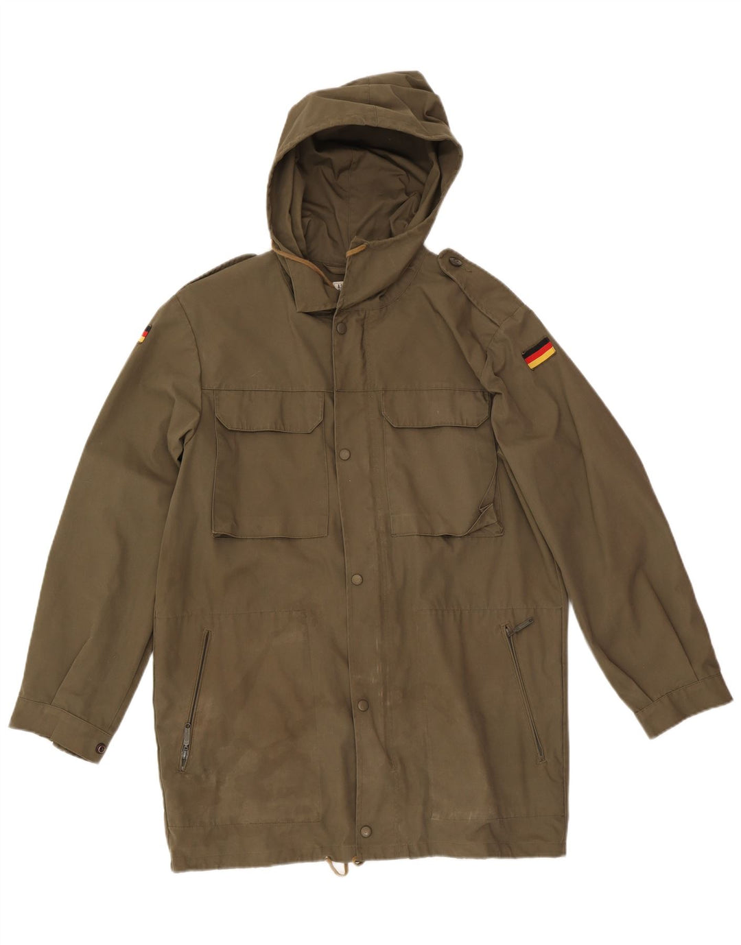 Jaqueta militar masculina vintage com capuz UK 38 médio cáqui