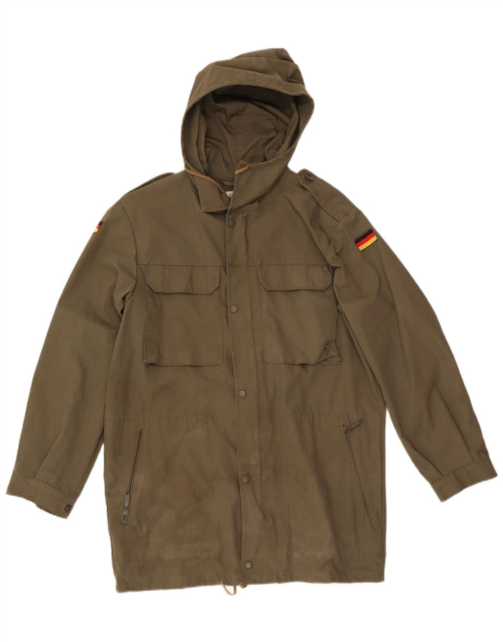 Jaqueta militar masculina vintage com capuz UK 38 médio cáqui