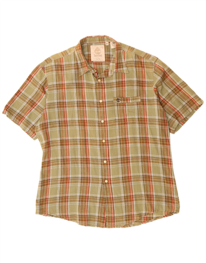 Camisa masculina de manga curta Timberland grande cáqui xadrez algodão clássico