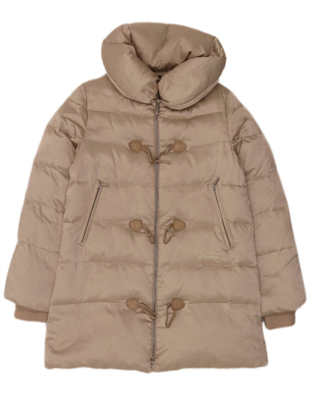 Casaco acolchoado Duffle feminino Moschino Reino Unido 14 grande poliéster bege
