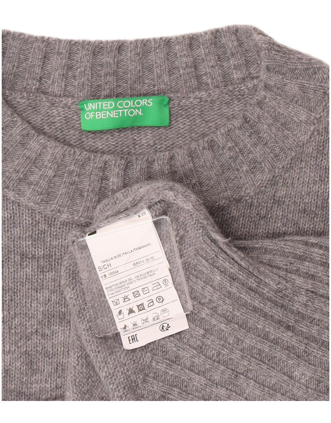 Suéter feminino Benetton com gola canoa e gola redonda, tamanho UK 10, pequeno, cinza, lã