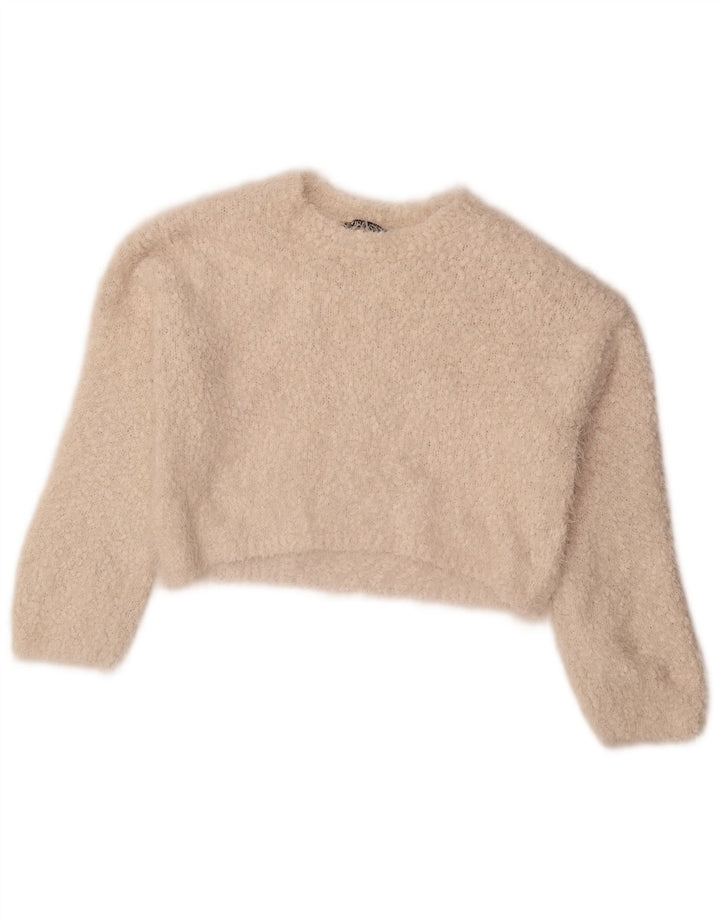 Zara Suéter feminino cropped com gola redonda Reino Unido 10 pequeno poliéster branco