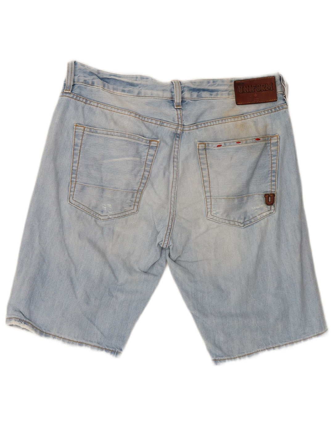 Shorts jeans angustiados masculinos uniformes W30 algodão azul médio