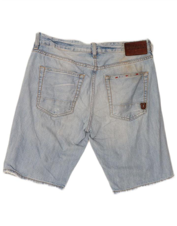 Shorts jeans angustiados masculinos uniformes W30 algodão azul médio