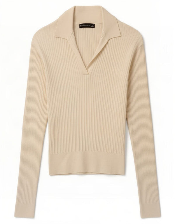 Suéter feminino Marks & Spencer com gola polo, Reino Unido 10 pequeno off white