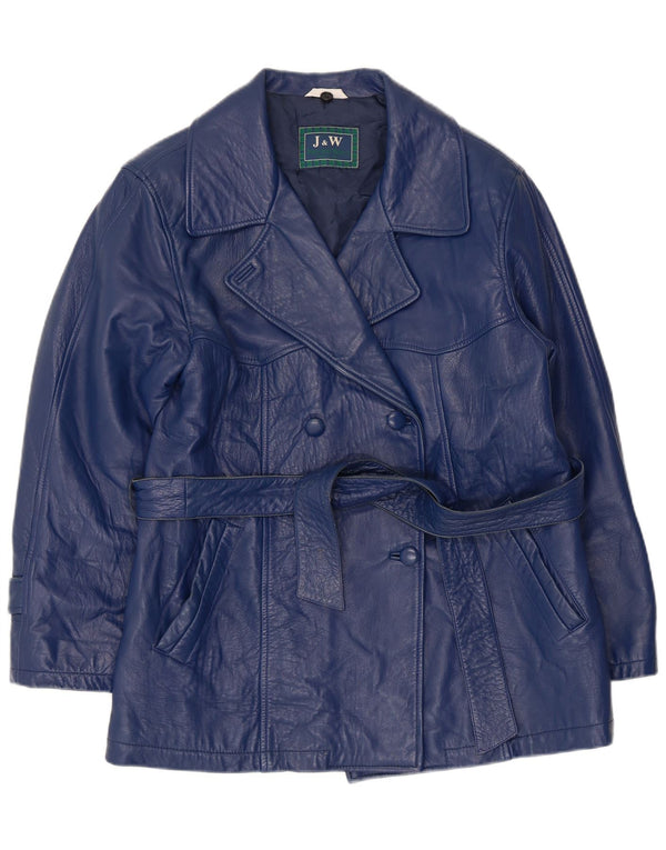 Jaqueta de couro vintage feminina com peito duplo UK 12 azul marinho médio