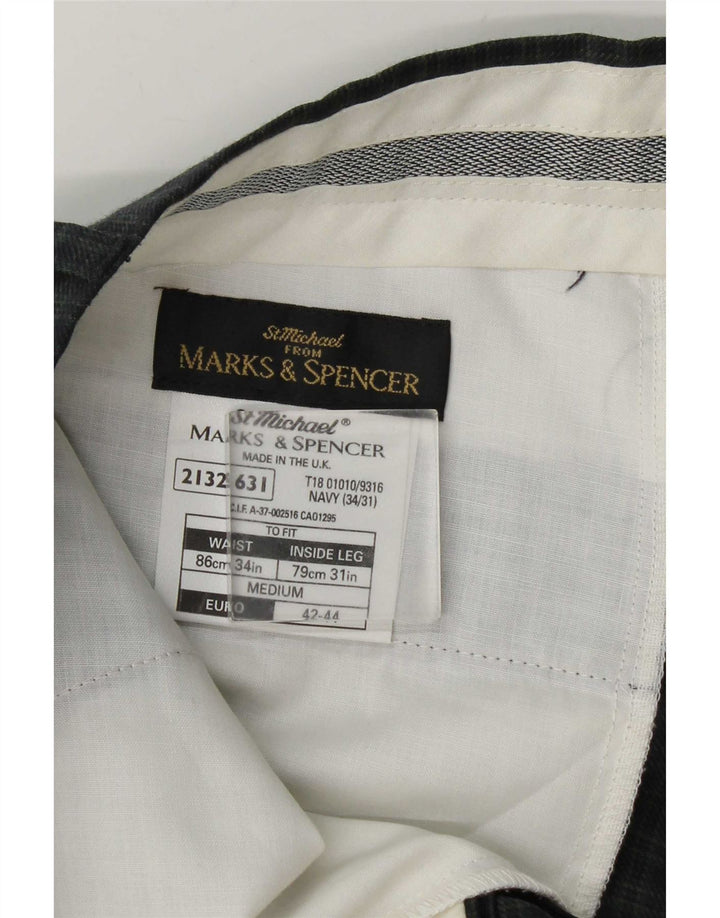 Calça masculina Marks & Spencer Slim Suit W34 L31 Azul Marinho Xadrez Lã