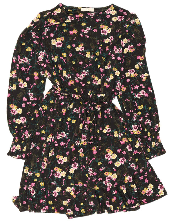Vestido feminino Oasis manga comprida evasê UK 18 XL preto floral poliéster