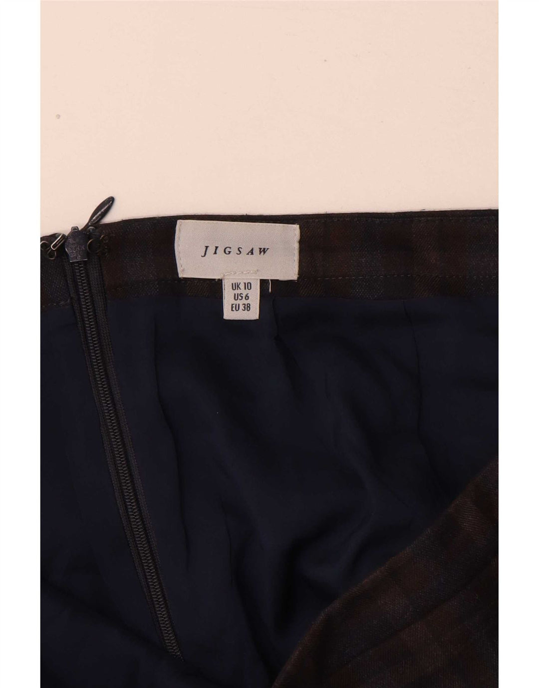 Saia lápis feminina Jigsaw UK 10 poliéster pequeno W28 Brown Check