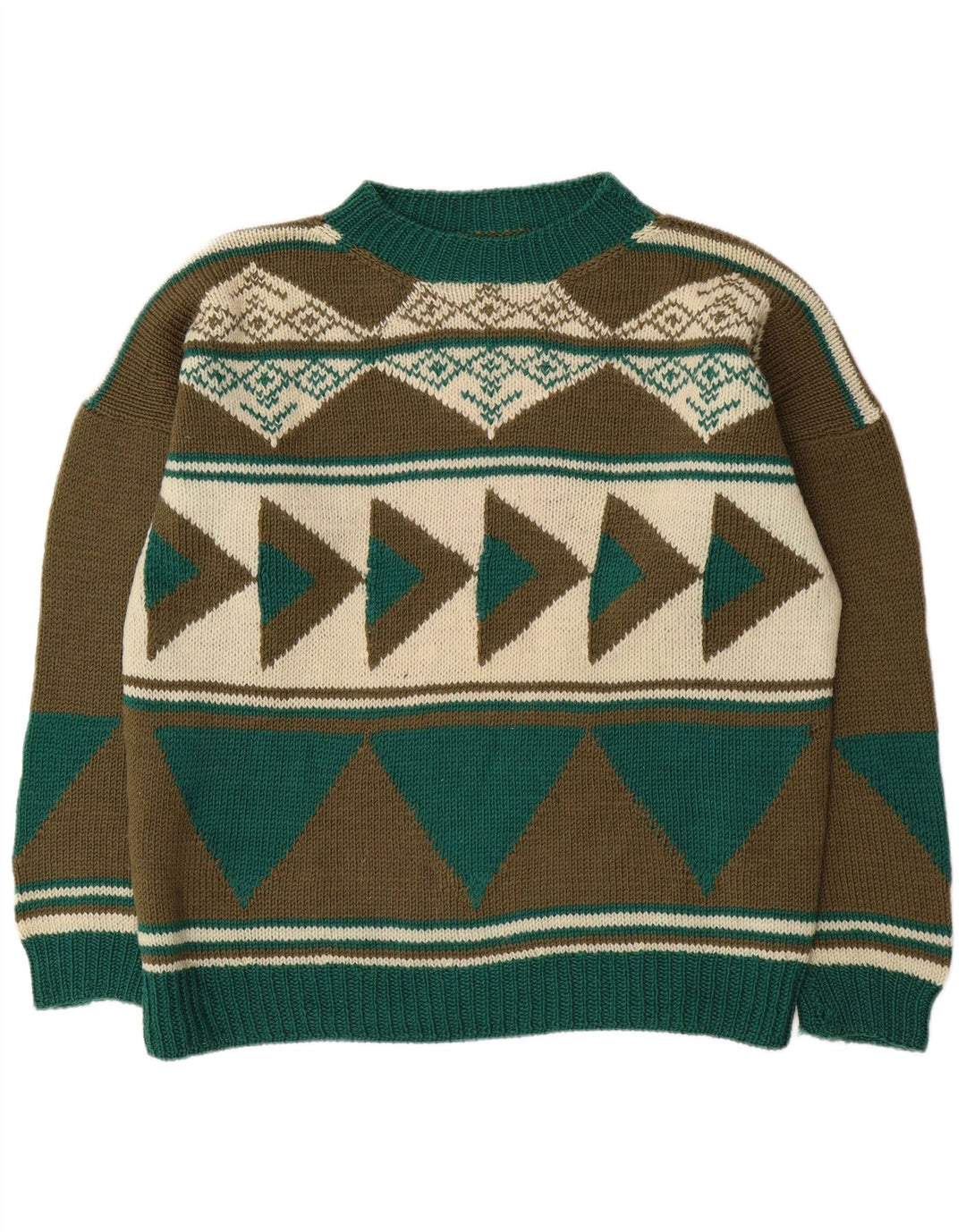 Suéter vintage masculino com gola redonda XL cáqui geométrico