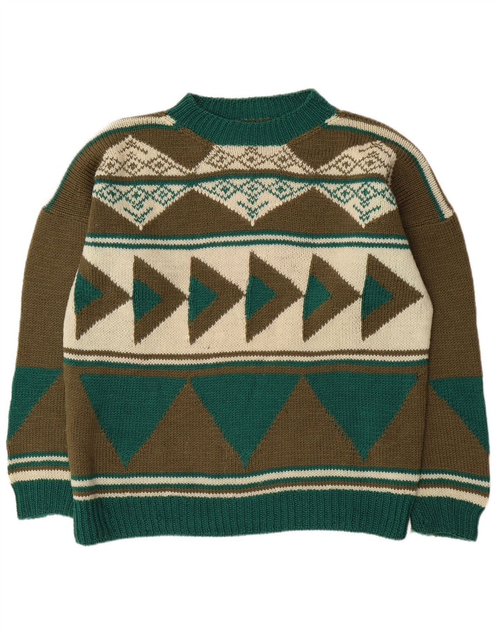 Suéter vintage masculino com gola redonda XL cáqui geométrico