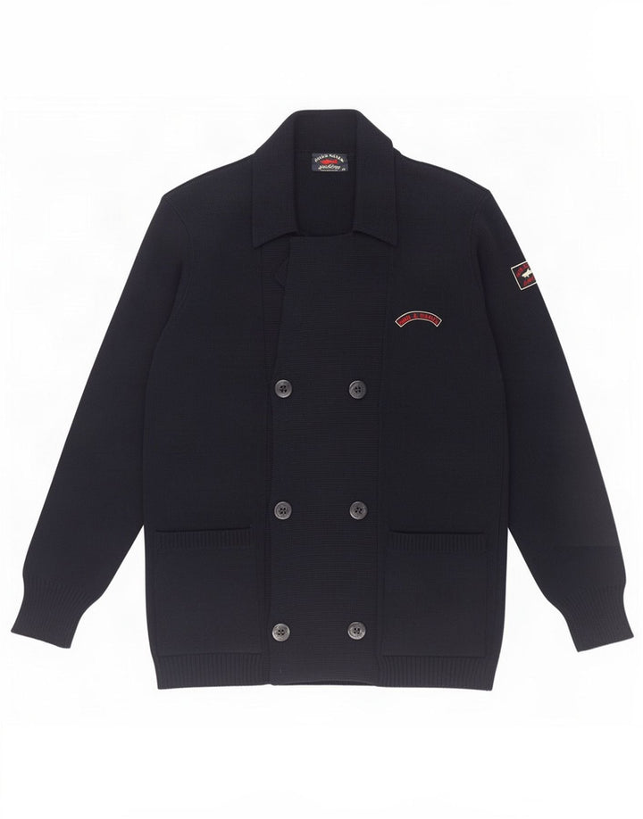Suéter cardigã masculino Paul & Shark com peito duplo de lã azul marinho médio