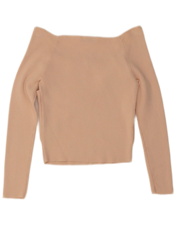 Zara Womens Crop Manga Longa Fora Do Ombro Top UK 14 Grande Viscose Rosa