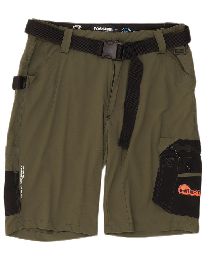 Shorts cargo masculino vintage gráfico grande W34 cáqui colorblock