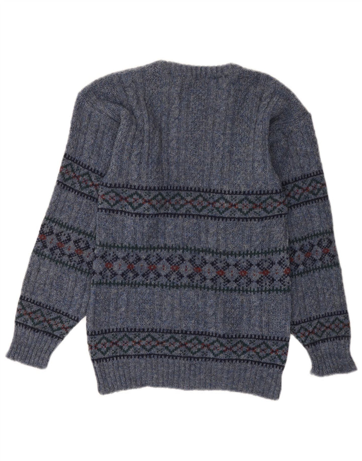 Suéter feminino VINTAGE com gola redonda UK 10 Small Blue Fair Isle