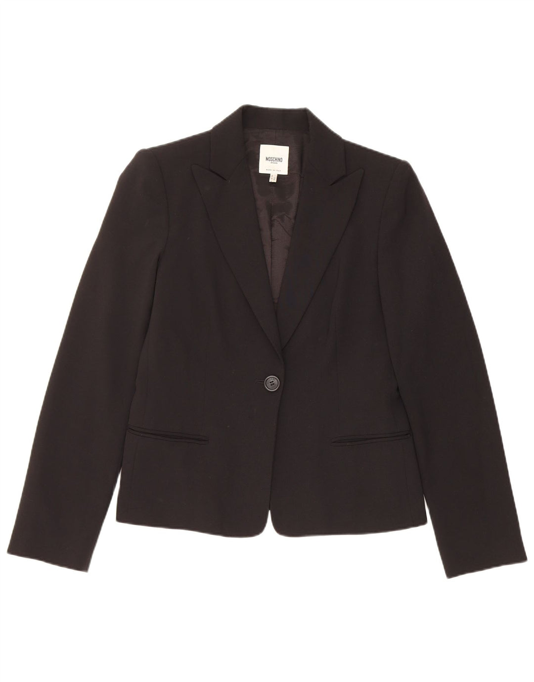 Jaqueta blazer feminina Moschino com 1 botão Reino Unido 14 poliéster preto médio