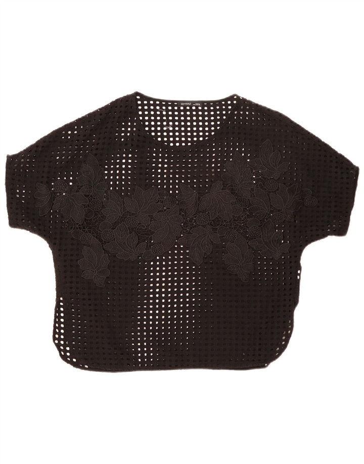 Blusa feminina transparente Zara UK 14 médio preto floral
