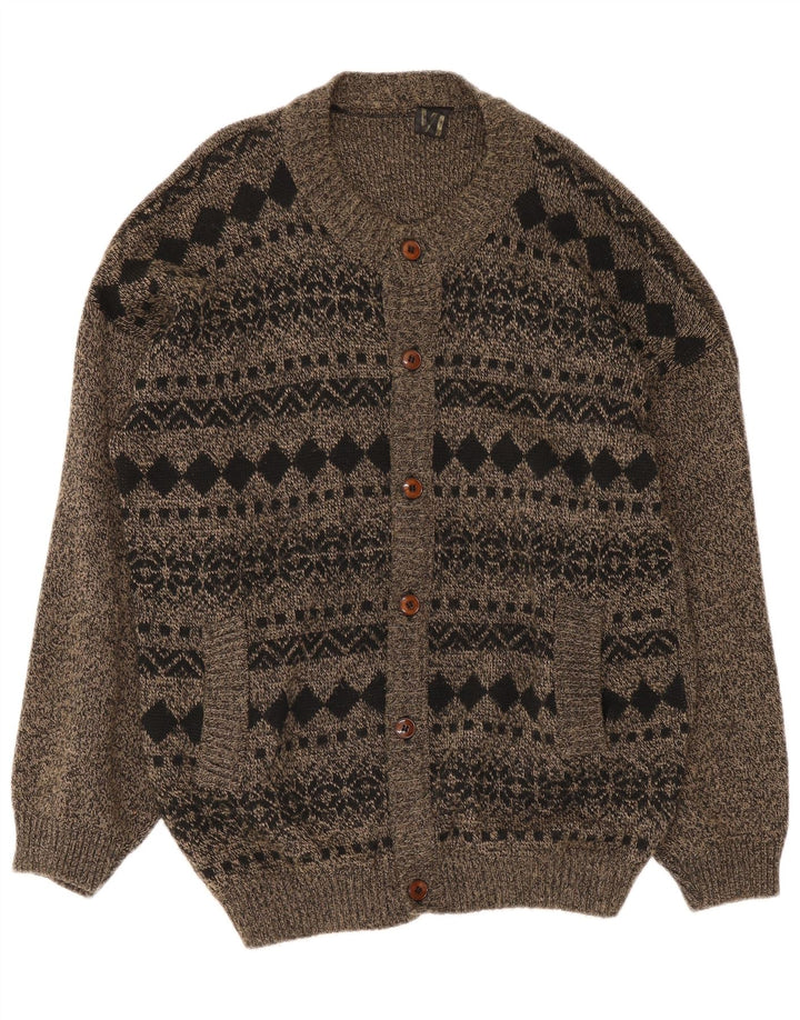 Suéter cardigã masculino vintage grande cinza Fair Isle