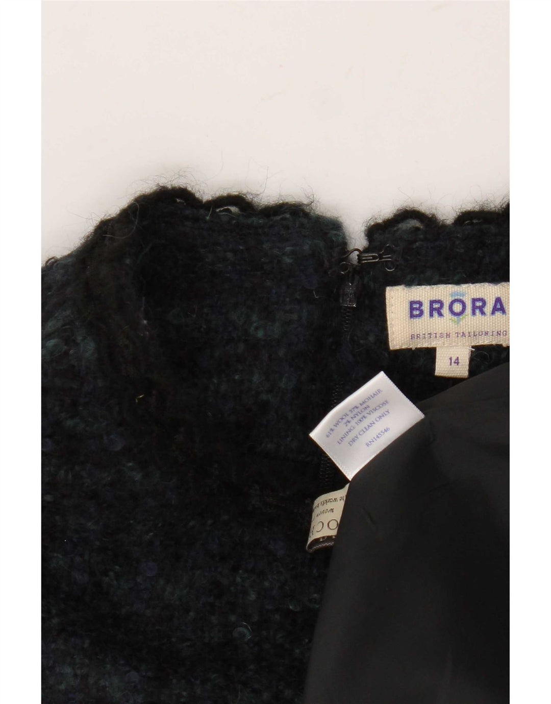 Vestido feminino Brora sem mangas com bainha UK 14 grande azul marinho houndstooth lã
