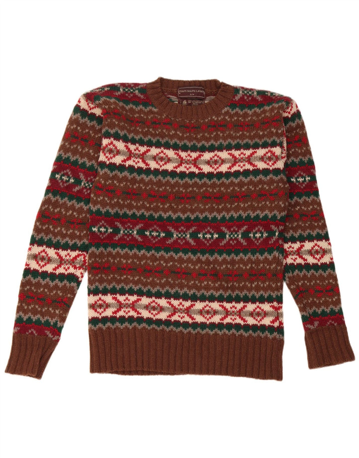 Suéter masculino Chaps com gola redonda, pequeno, marrom, lã virgem Fair Isle