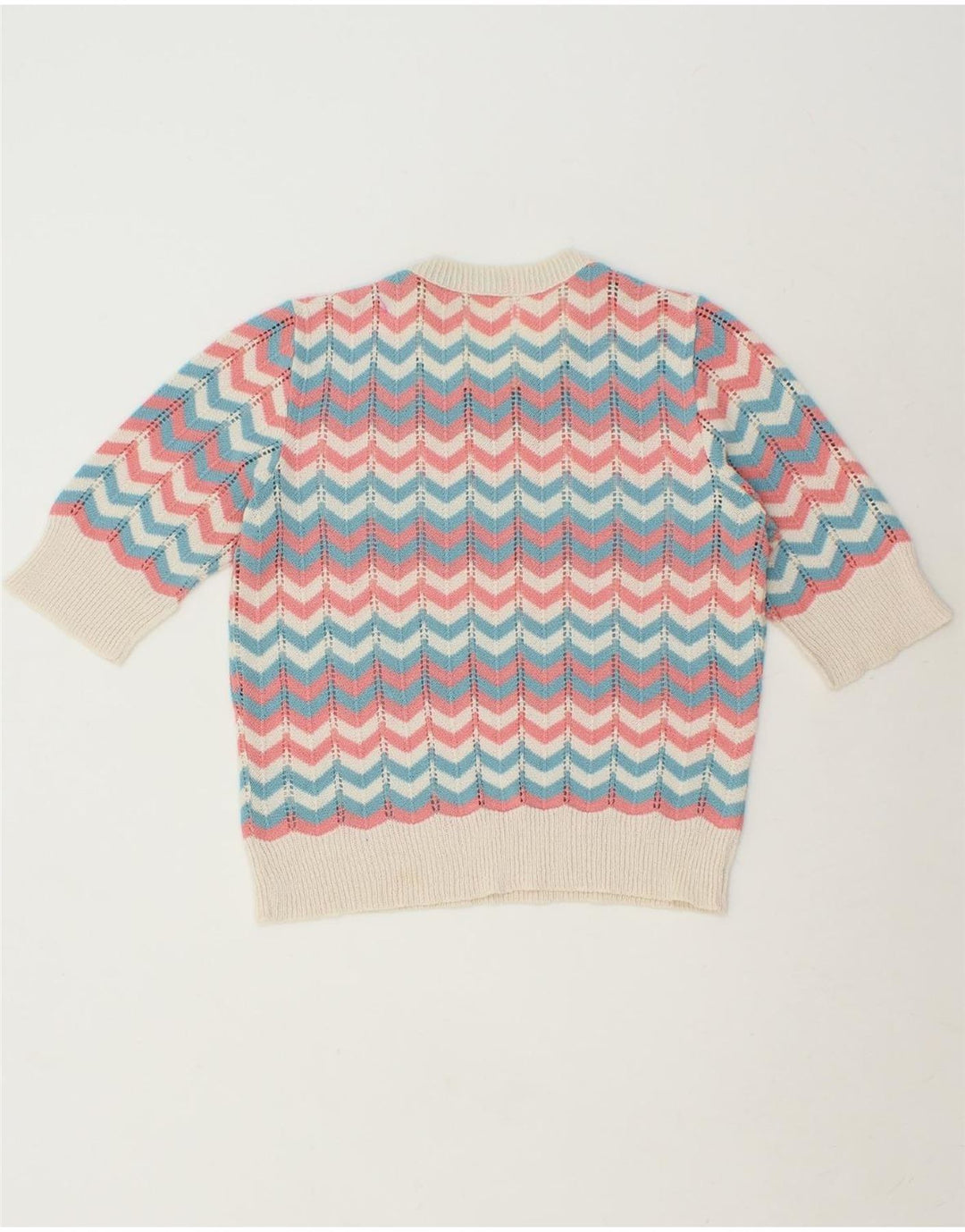 Suéter feminino VINTAGE com gola canoa UK 12 médio multicolorido Chevron