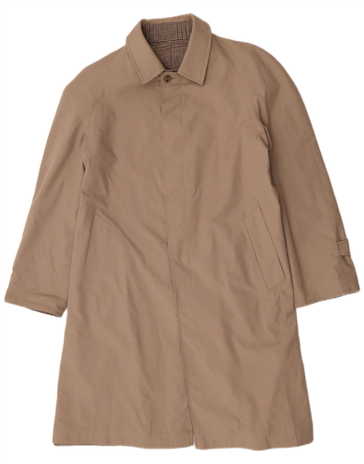 Sobretudo reversível masculino vintage Reino Unido 40 poliéster xadrez grande bege