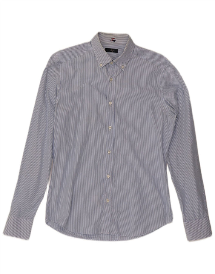Camisa masculina Fay tamanho 39 15 1/2 algodão listrado azul médio