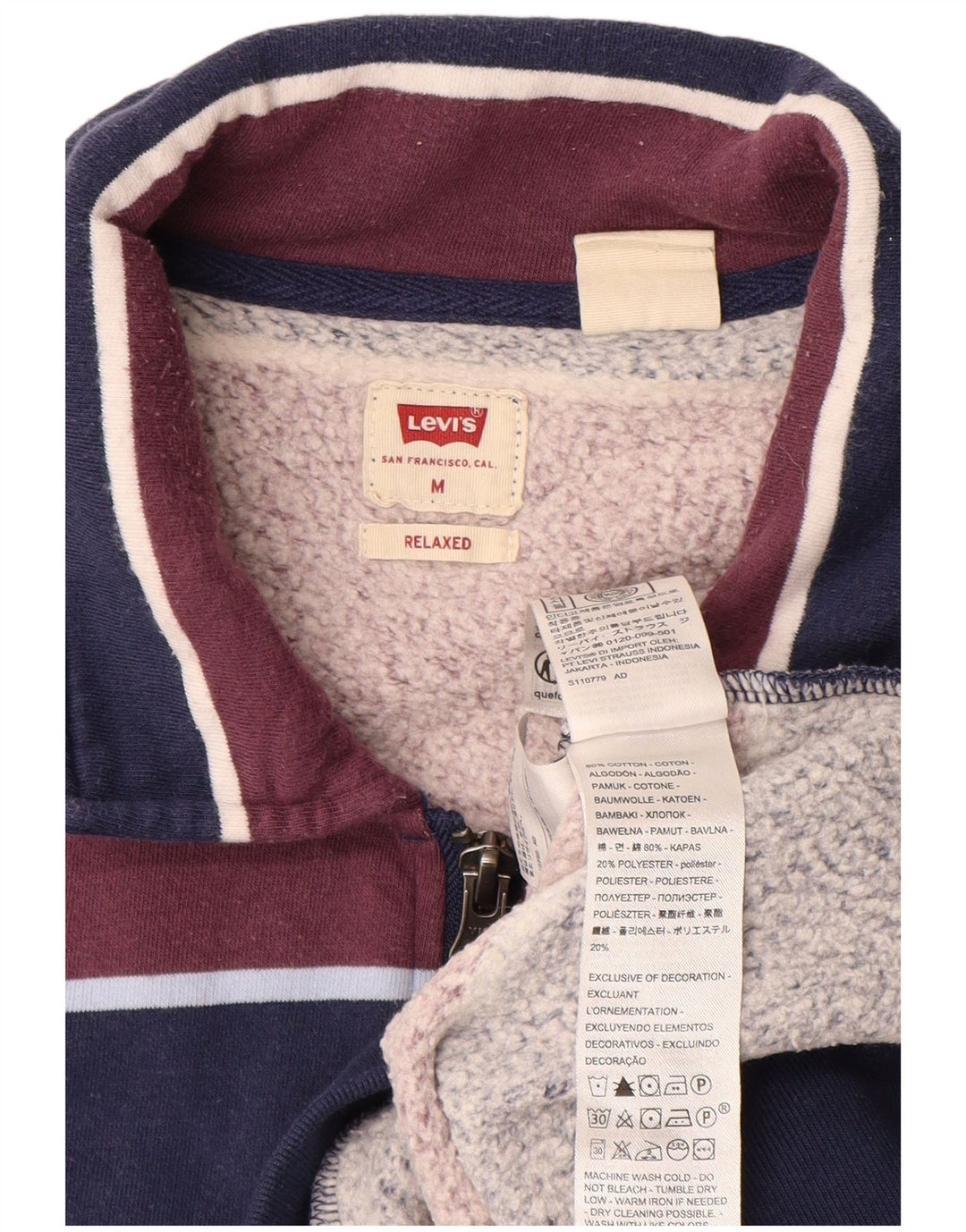 Moletom masculino LEVI'S com gola e zíper relaxado, suéter médio azul marinho listrado