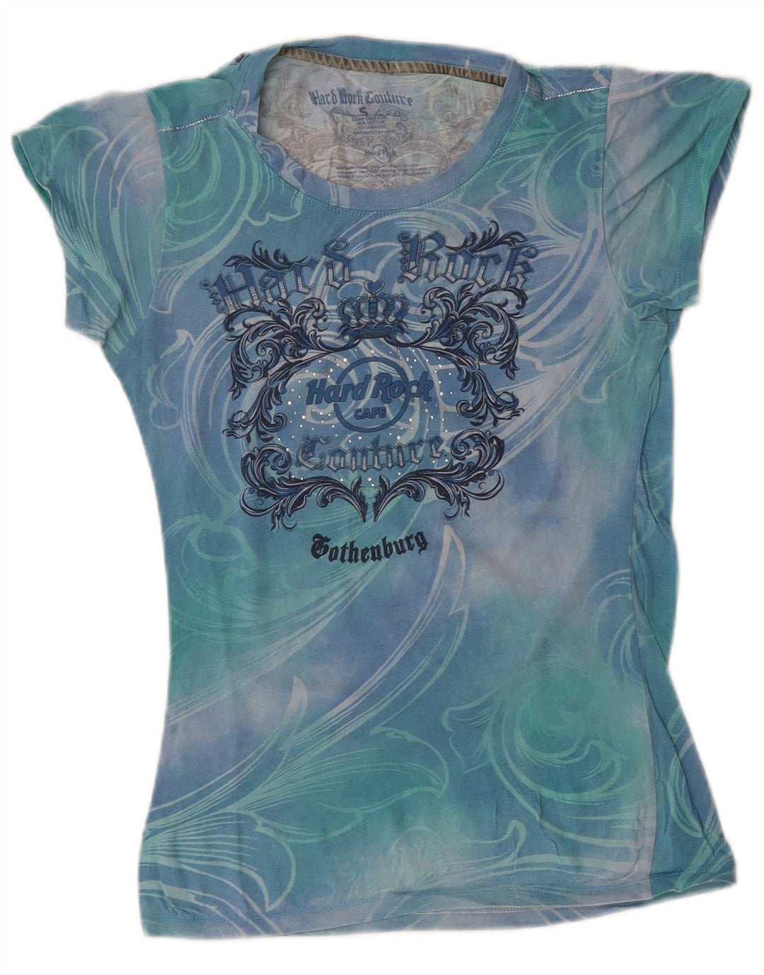 Camiseta feminina HARD ROCK CAFE Couture com estampa gráfica UK 8 pequena azul tie-dye