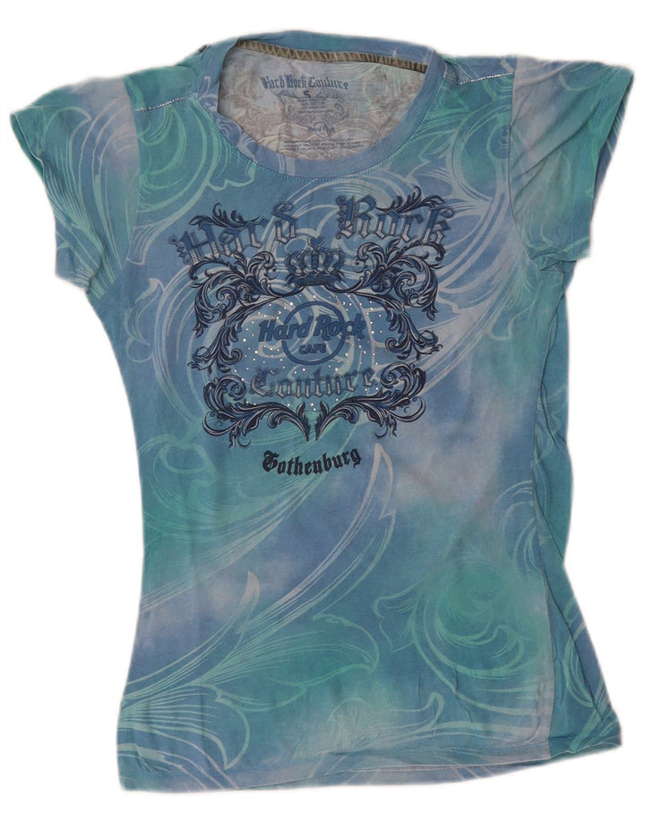 Camiseta feminina HARD ROCK CAFE Couture com estampa gráfica UK 8 pequena azul tie-dye