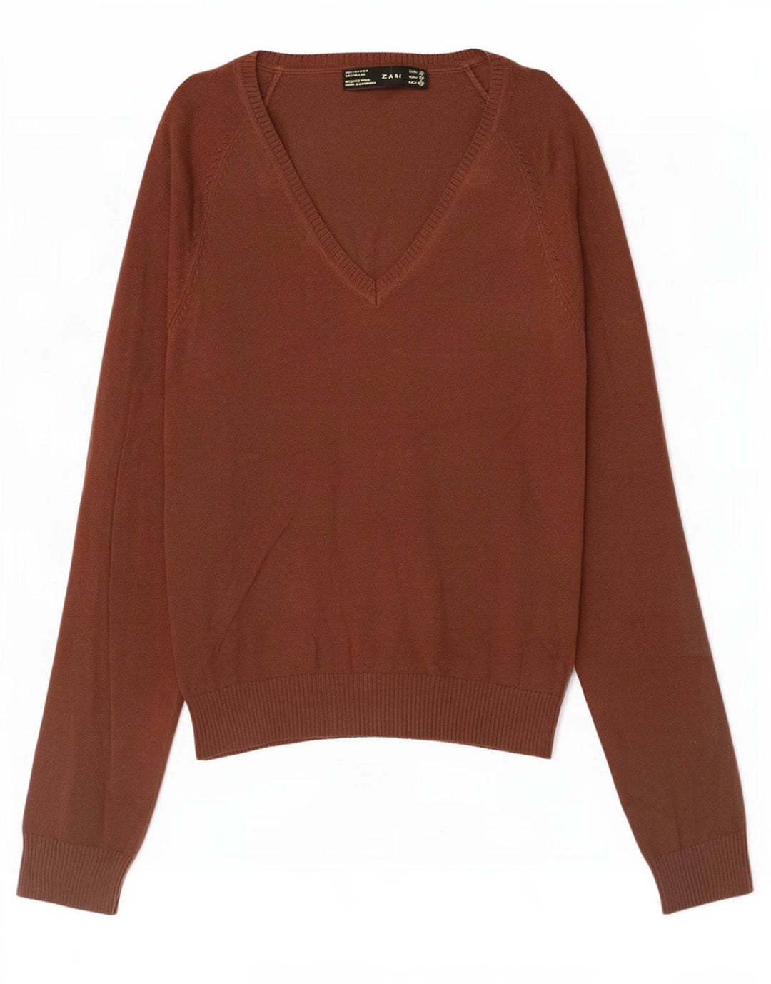 Suéter feminino Zara com decote em V Reino Unido 12 algodão marrom médio