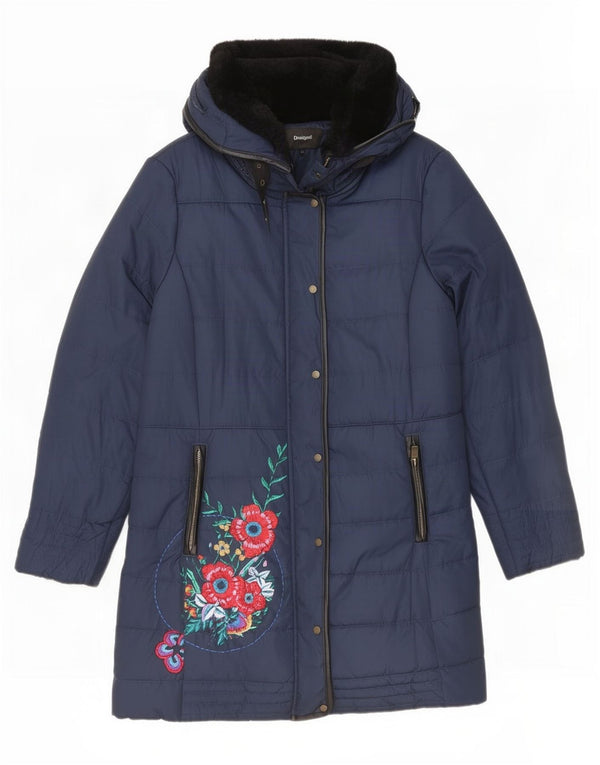 Casaco acolchoado com capuz feminino Desigual EU 46 XL azul marinho floral poliéster