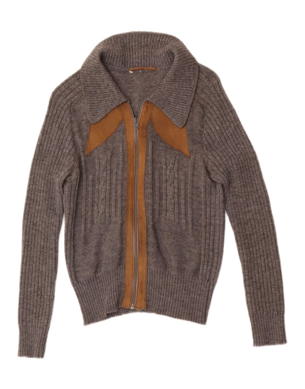Suéter cardigã feminino vintage com zíper completo Reino Unido 4 XS cinza colorblock
