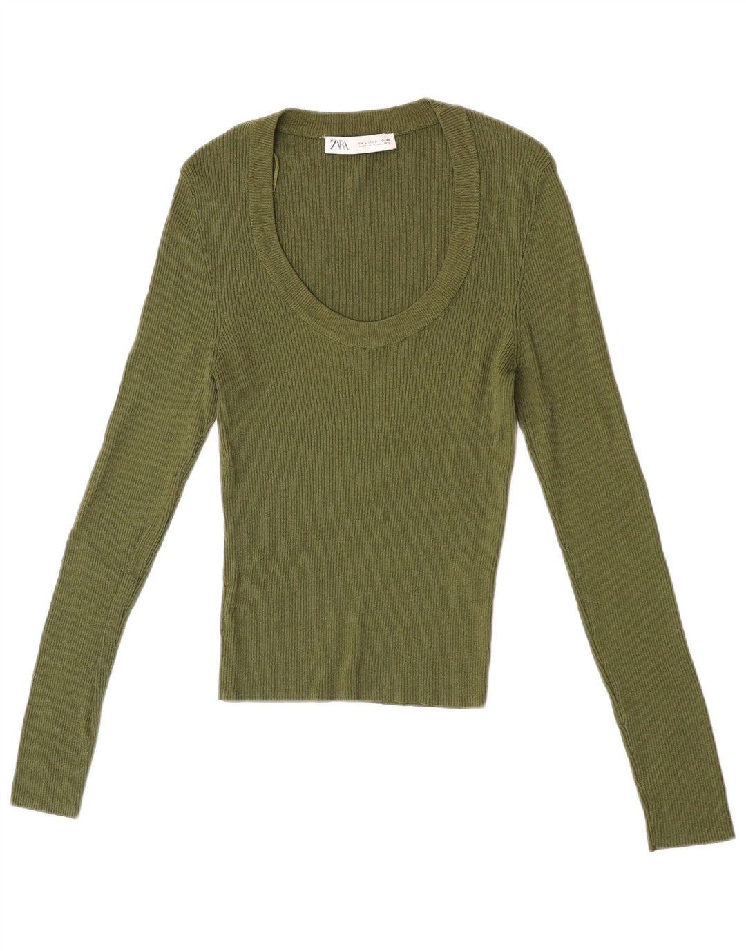 Top feminino Zara de manga comprida UK 14 grande viscose cáqui