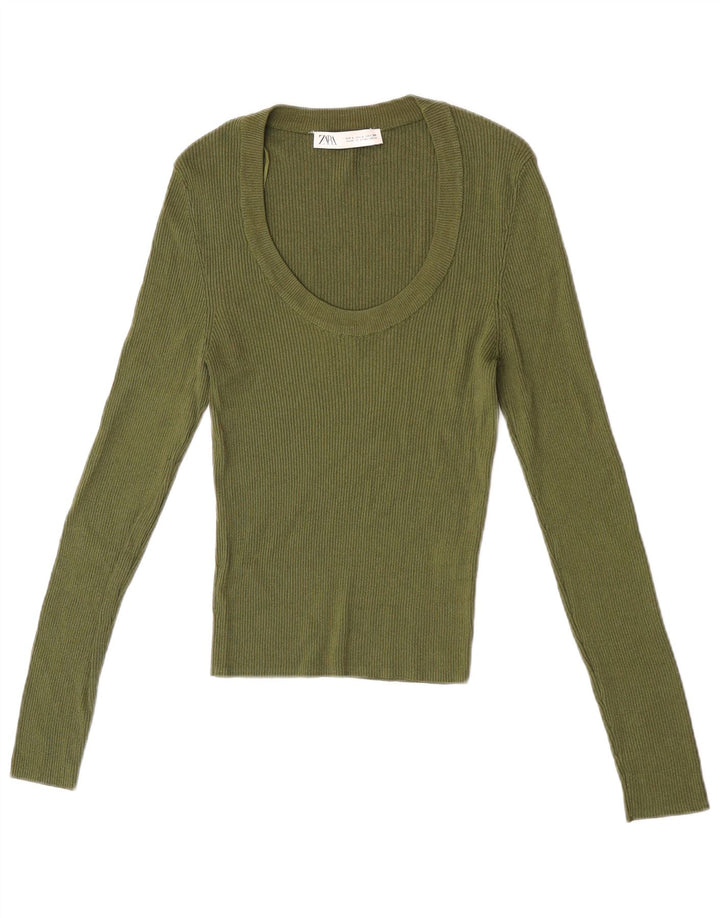 Top feminino Zara de manga comprida UK 14 grande viscose cáqui