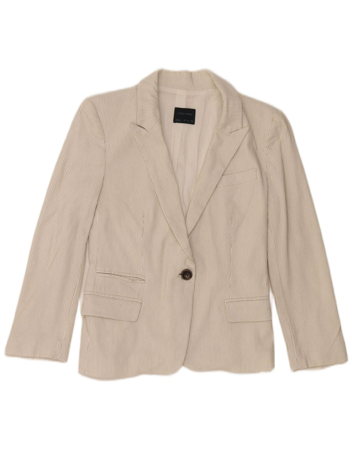 Jaqueta blazer feminina Zara com 1 botão Reino Unido 14 grande algodão risca de giz branco