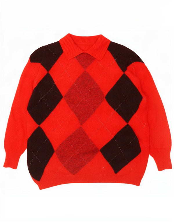 Suéter feminino vintage com gola polo UK 14 Médio Vermelho Argyle/Diamante