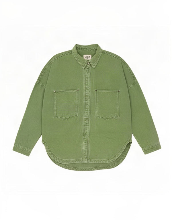 Camisa jeans oversized feminina Zara Reino Unido 14 algodão verde médio