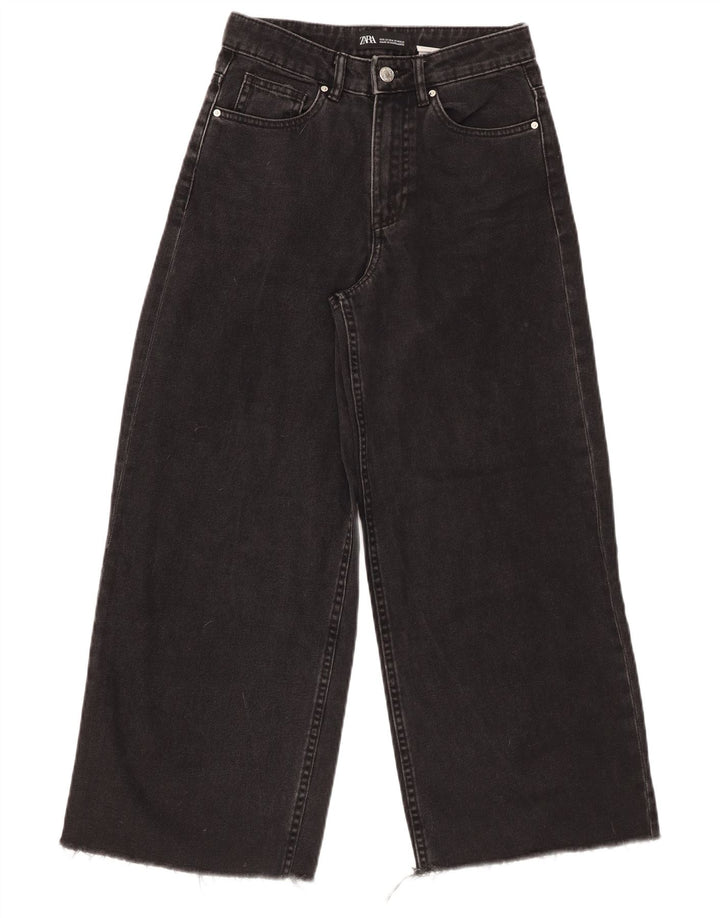 Calça jeans feminina ZARA cintura alta com perna larga W22 L25 algodão preto