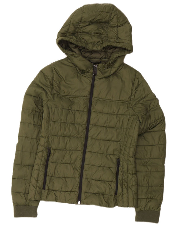 Jaqueta acolchoada com capuz feminina Hollister Reino Unido 10 pequeno caqui nylon
