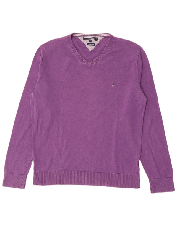 Suéter masculino Tommy Hilfiger com decote em V de algodão roxo médio