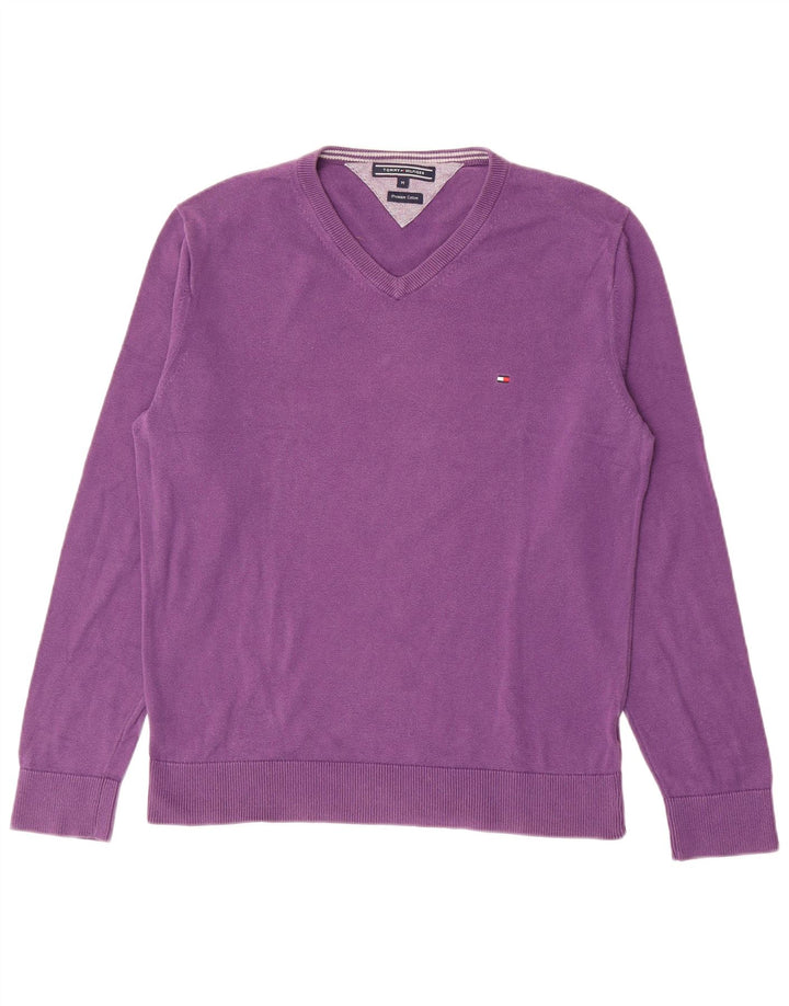 Suéter masculino Tommy Hilfiger com decote em V de algodão roxo médio