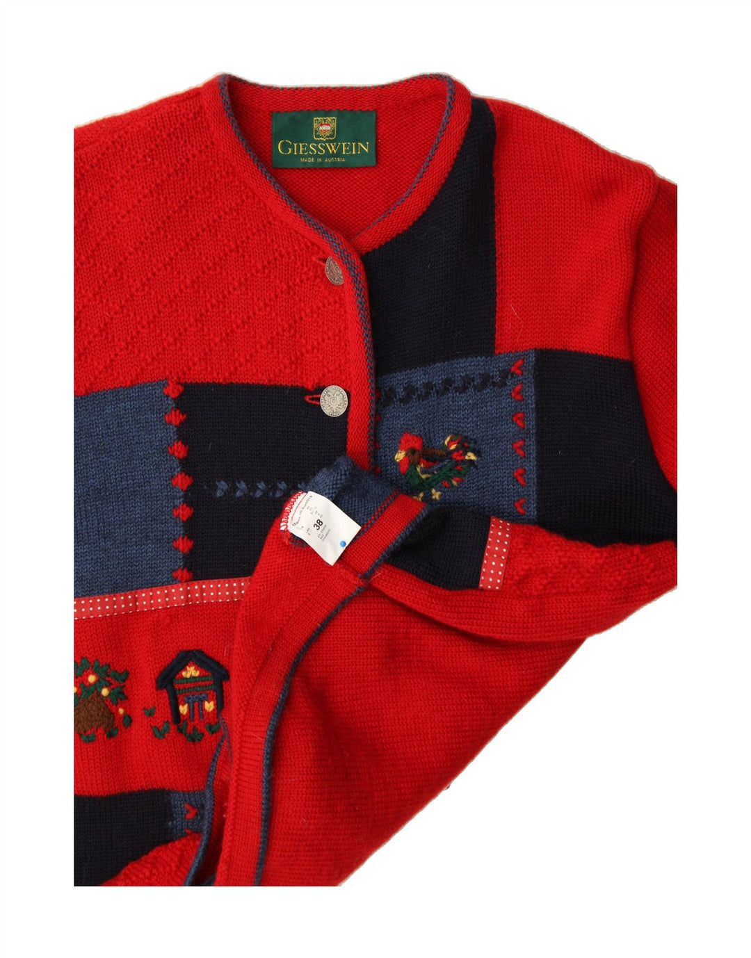 Cardigã feminino GIESSWEIN UK 12 médio vermelho patchwork lã virgem