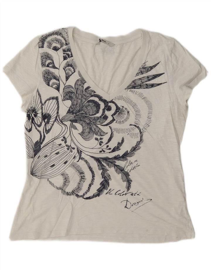 Desigual Camiseta feminina gráfica Top UK 16 Grande Branco